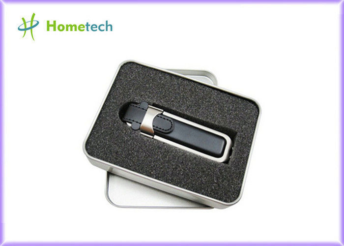 Black Leather USB Flash Disk custom printing , novelty usb 2.0 pen drive with Tin box