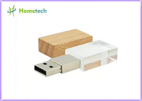 แฟลชไดรฟ์คริสตัล USB พร้อมไฟ LED ไม้ 32GB 64GB 128GB โลโก้ที่กำหนดเองคริสตัล usb